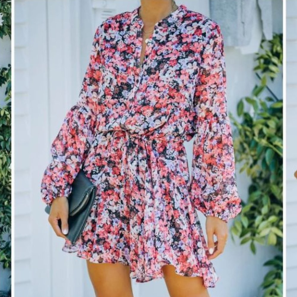 NWT Vici Kule Pink Floral Adjustable Waist Balloon Sleeve Mini Dress Size Medium
